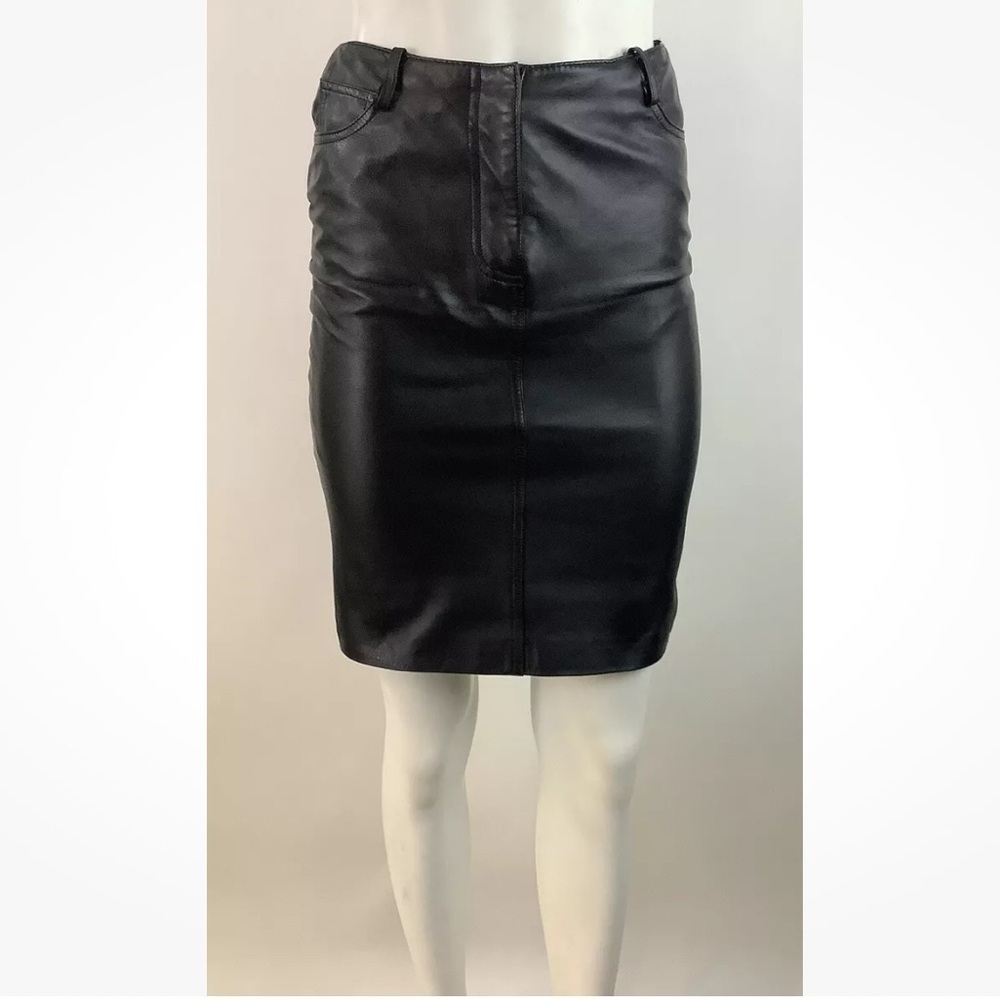 Vintage Katia Sz 2 100% Leather Pencil Skirt Black Knee Length Belt Loops
